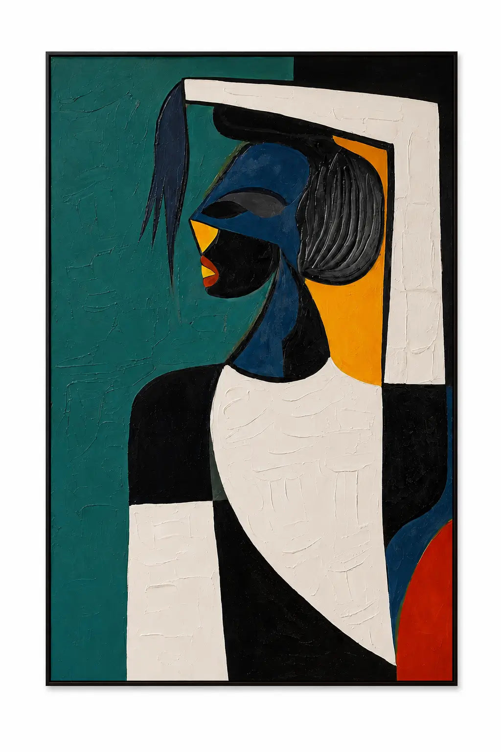 A framed abstract portrait painting featuring a stylized figure with geometric shapes in teal, black, white, blue, yellow, and red, shown against a light gray background.