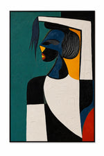 A framed abstract portrait painting featuring a stylized figure with geometric shapes in teal, black, white, blue, yellow, and red, shown against a light gray background.