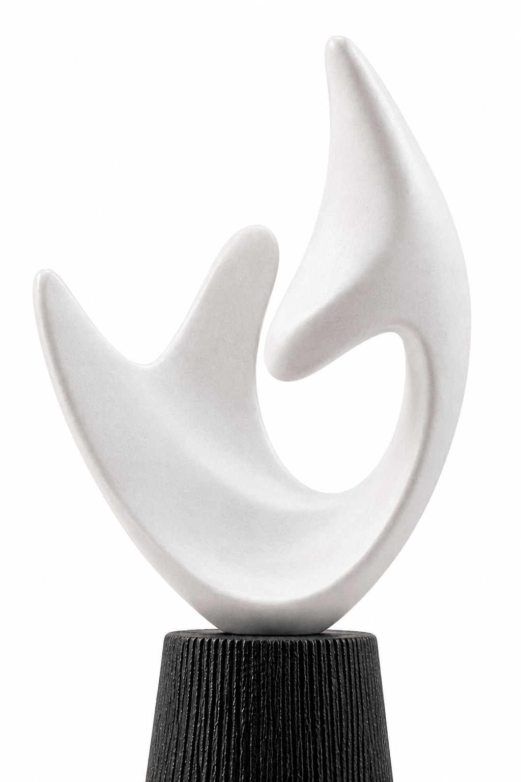 Abstract white sculptural wall art piece with flowing curved lines mounted on a textured black cylindrical base, photographed against a plain white background.