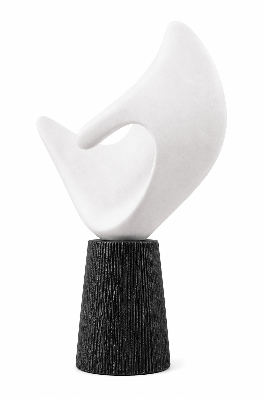 An abstract sculptural tabletop piece featuring a smooth, curved white top section mounted on a textured, tapered black base, shown against a plain white background.