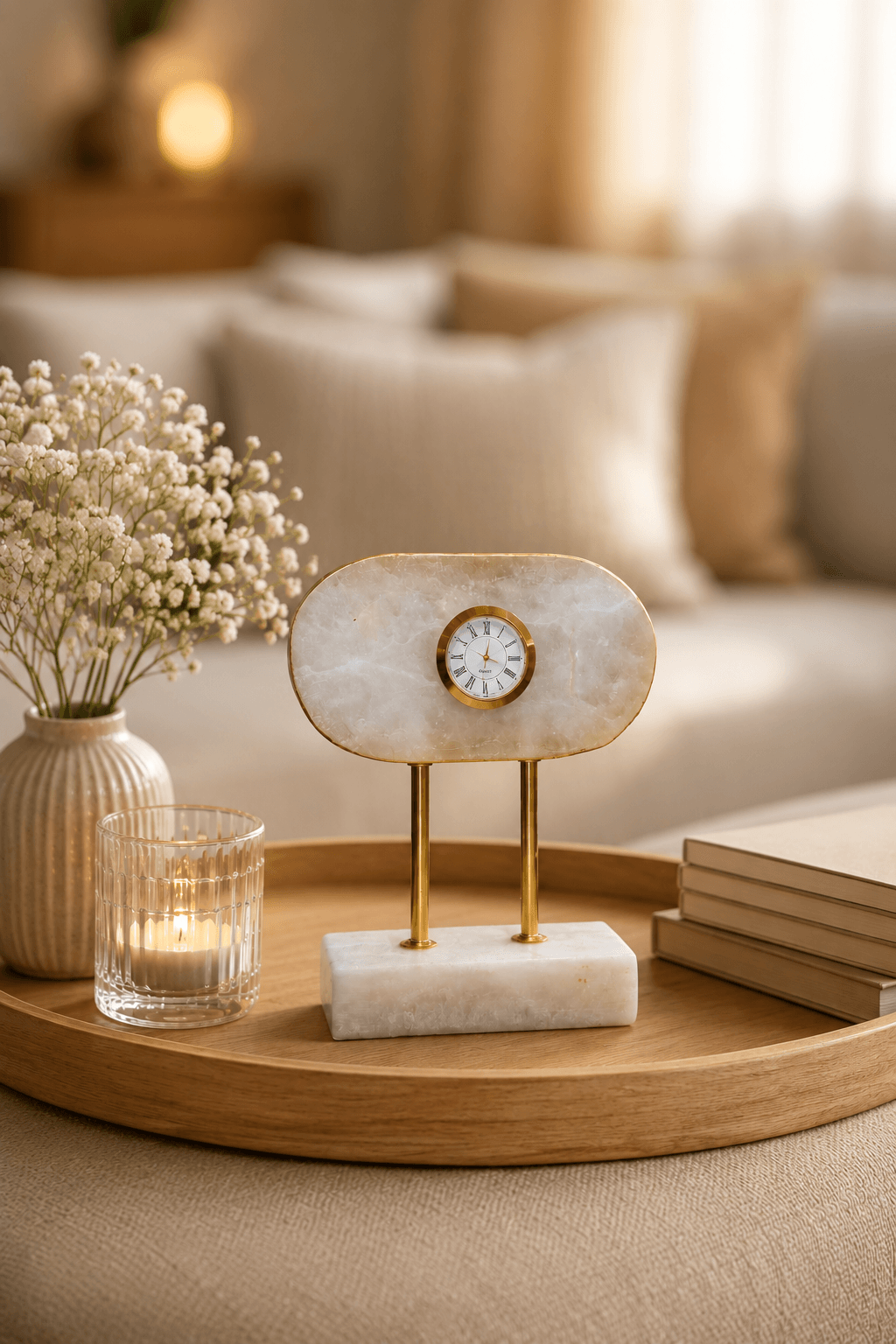 A small oval tabletop clock with a white marbled face and gold-tone frame, displayed on a marble-and-wood stand on a round wooden tray in a softly lit living room setting.
