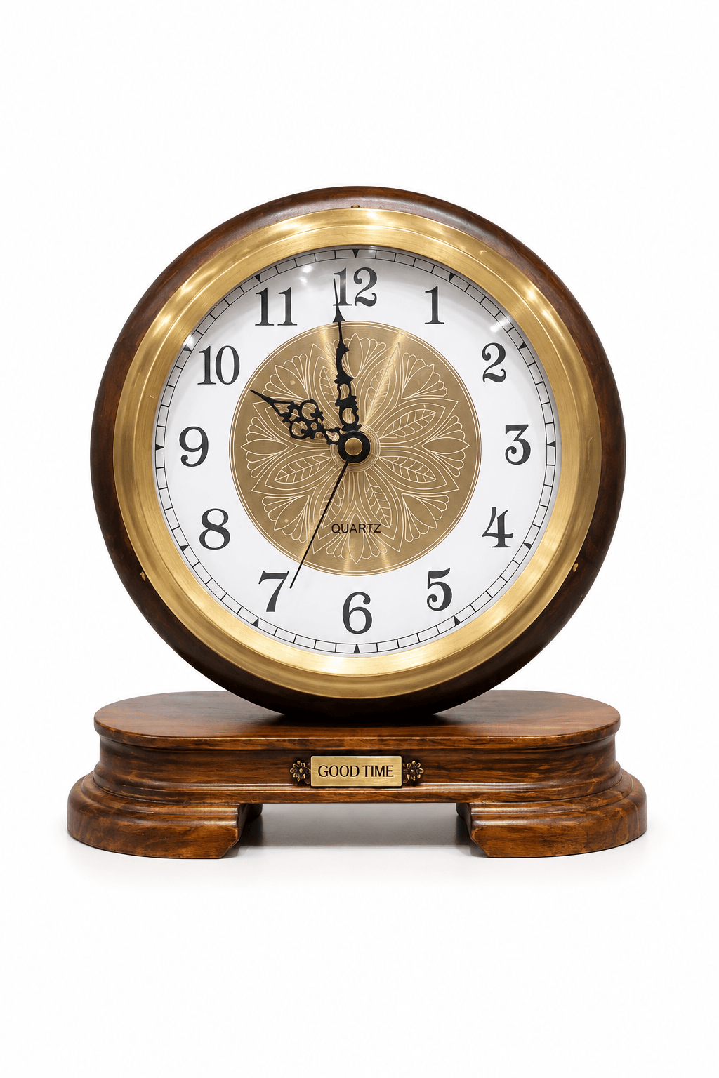 A round quartz clock with a dark brown wood-grain outer frame, a polished gold-tone bezel, and a white dial with black numerals. It sits on a matching dark brown wooden base with a small gold plaque that reads 'GOOD TIME'.