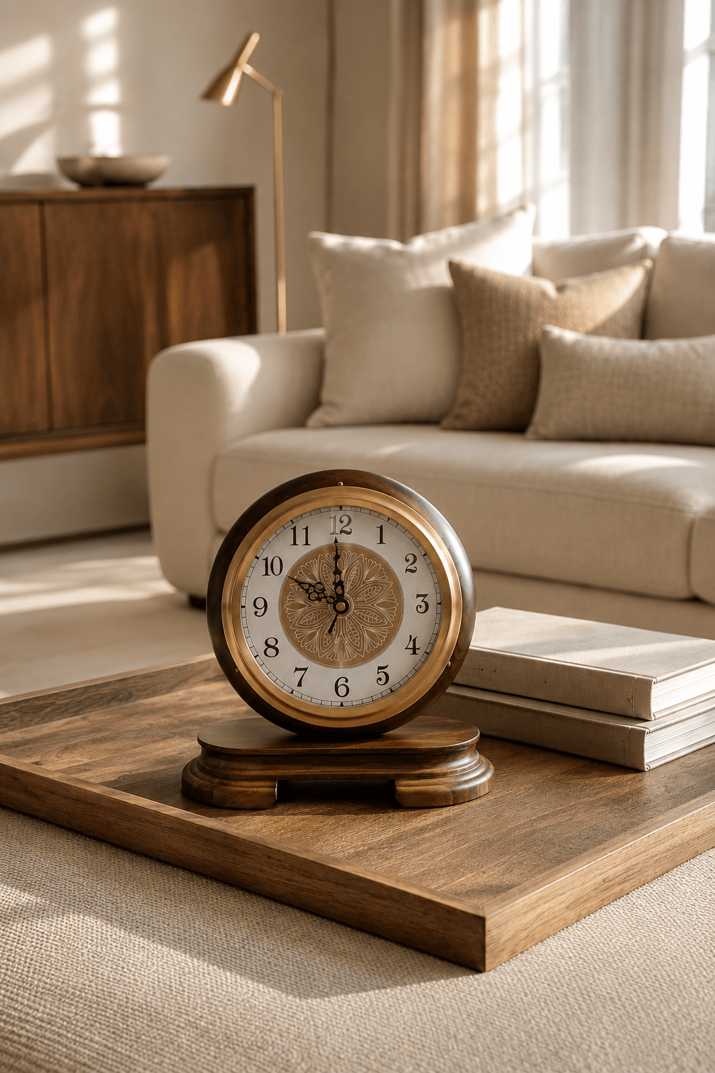 A round vintage-style desk clock with a gold-toned frame and cream face sits on a wooden tray table in a modern living room setting.