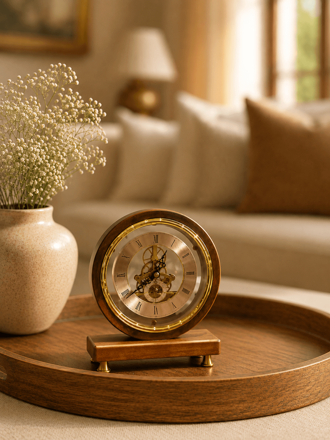 A vintage-style wooden mantel clock with a brass-toned frame and Roman numerals sits on a round wooden tray in a softly lit living room setting.