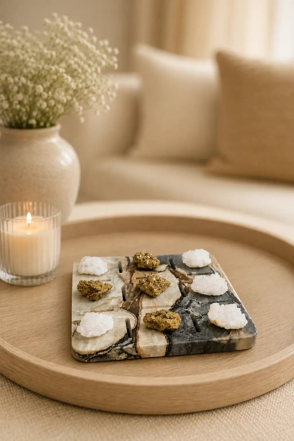 A square marble serving board with carved stone sections and embedded olive-green and white elements, styled on a round wooden tray in a softly lit home setting with a candle and flowers in the background.