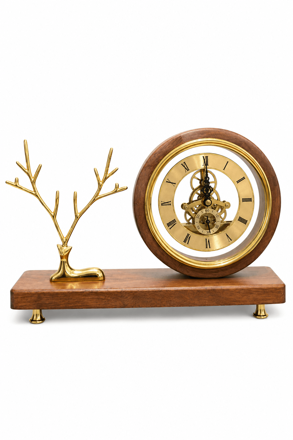 A decorative mantel clock with a round wooden frame and gold-tone inner dial, shown beside a matching gold deer head and antler stand on a rectangular wooden base against a plain white background.