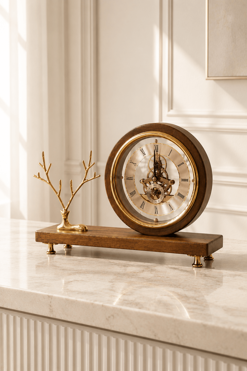 A round wooden and brass table clock with a skeletonized face sits on a marble console table next to a small gold decorative branch holder in a bright, elegant room.