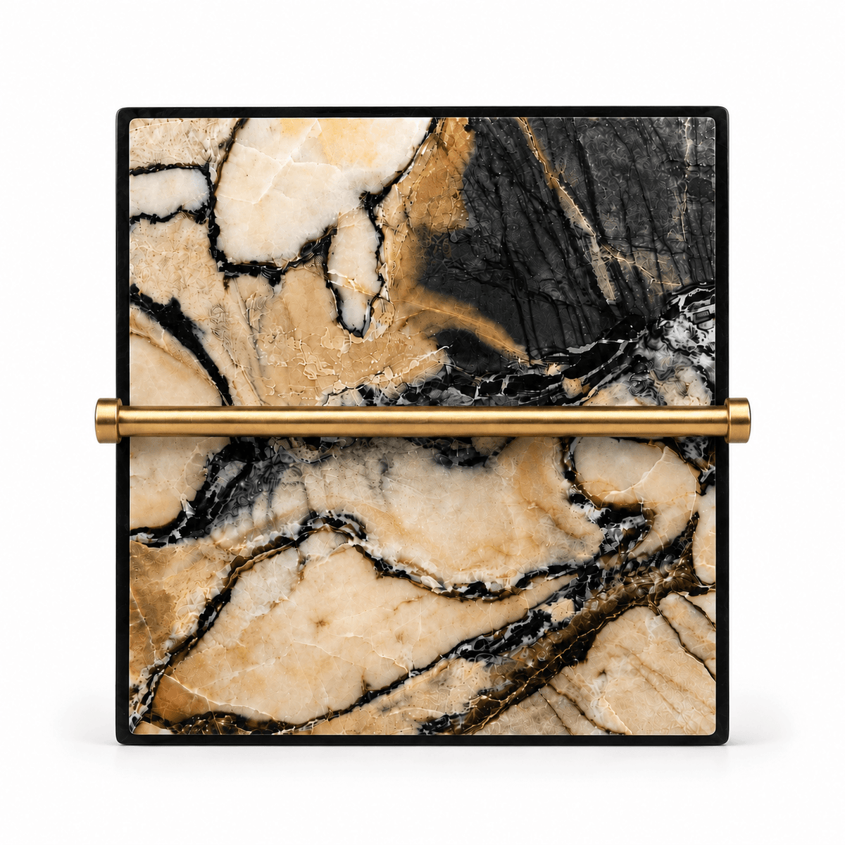 A square decorative box with a black frame and a gold horizontal bar handle, featuring a beige and black marble pattern on the front, set against a plain white background.