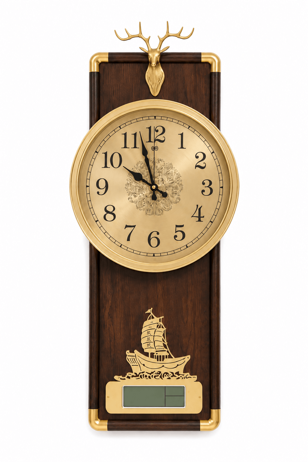 A vertical wooden wall clock with a dark brown wood body, gold-tone metal trim, a round cream clock face with black numerals, a deer head topper, and a ship engraving near the bottom.