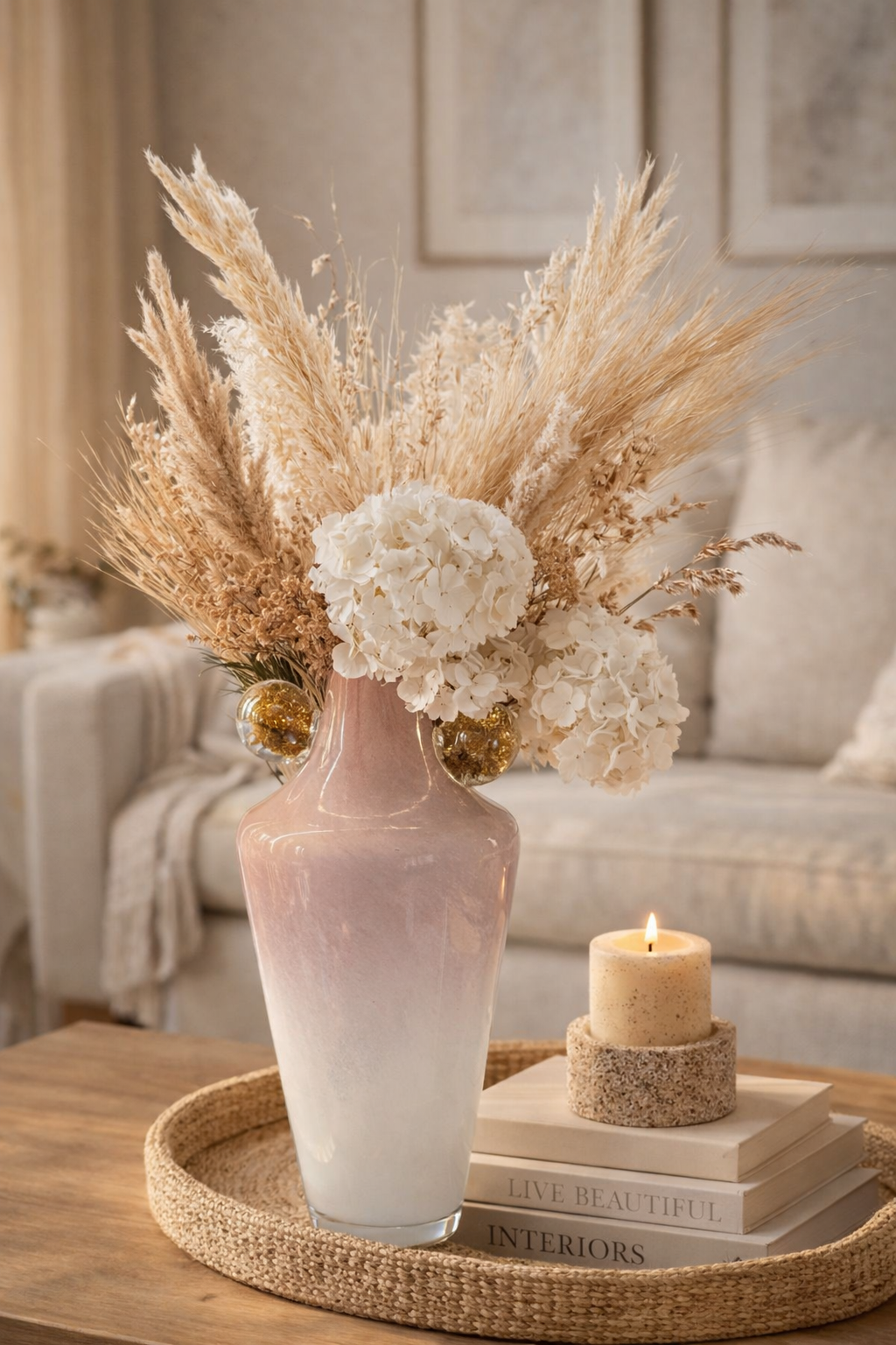 Decorative vase with flowers and candles on a table in a living room setting