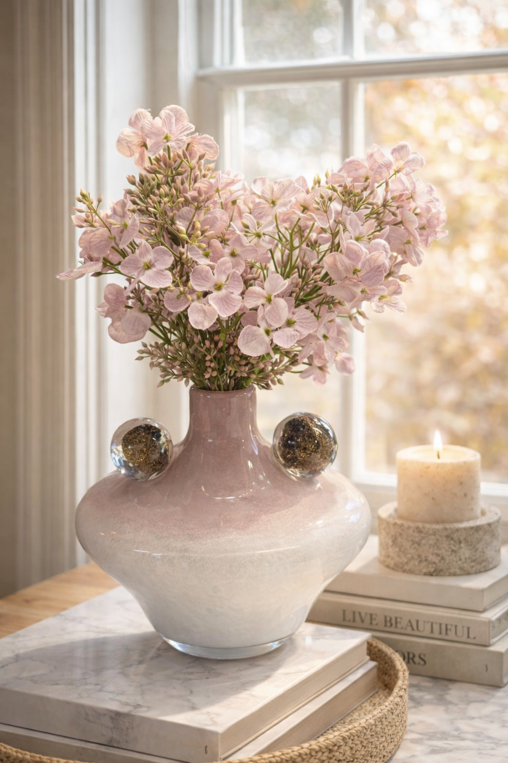 Decorative vase with pink flowers on a table near a window