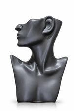 A dark gray, matte-finish sculptural bust of a human head and upper chest in profile, shown on a clean white background.