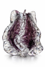 A sculptural, organic-shaped glass bowl with a textured, bubbled finish, featuring a deep purple interior surrounded by clear glass, set against a plain white background.