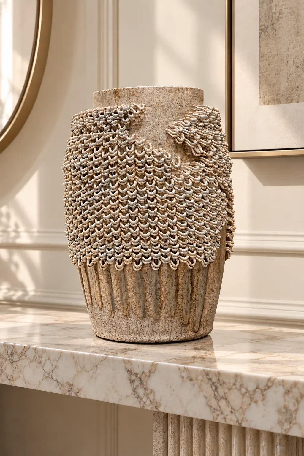 A textured ceramic vase with a woven, scale-like pattern in beige and brown tones, displayed on a marble console table in a classic interior setting.