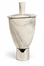 A marble ice bucket with a matching lid and a polished metallic base, shown on a clean white background.