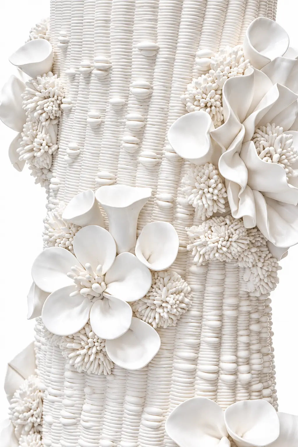A close-up of a white textured cake or sculptural dessert decorated with large 3D calla lily flowers and textured pom-pom floral accents.