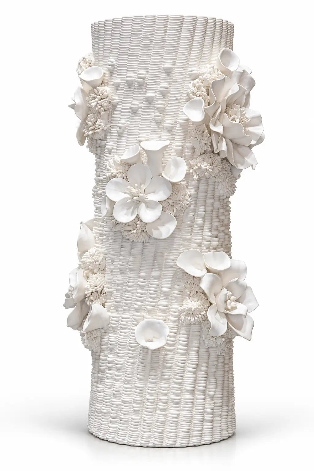 A white ceramic sculptural vase with a textured vertical ribbed pattern and large 3D floral decorations, shown on a plain white background.