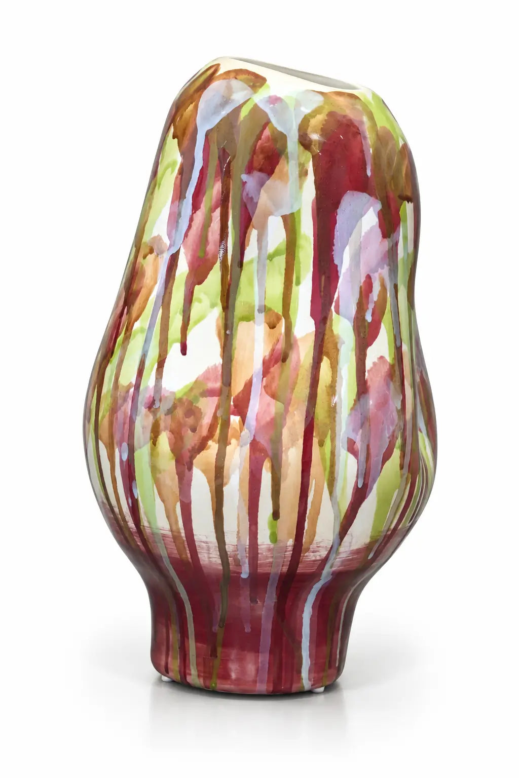 A sculptural ceramic vase with a rounded, bulbous shape, decorated with a colorful abstract dripping paint pattern in shades of burgundy, green, pink, and yellow on a white background.