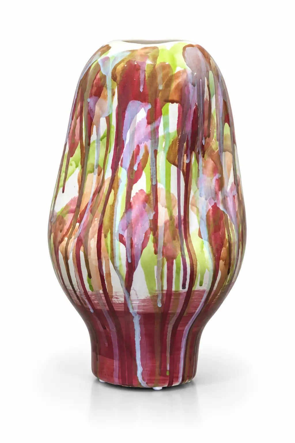 A glossy ceramic vase with an abstract dripping paint pattern in shades of burgundy, pink, green, and gold on a white background.
