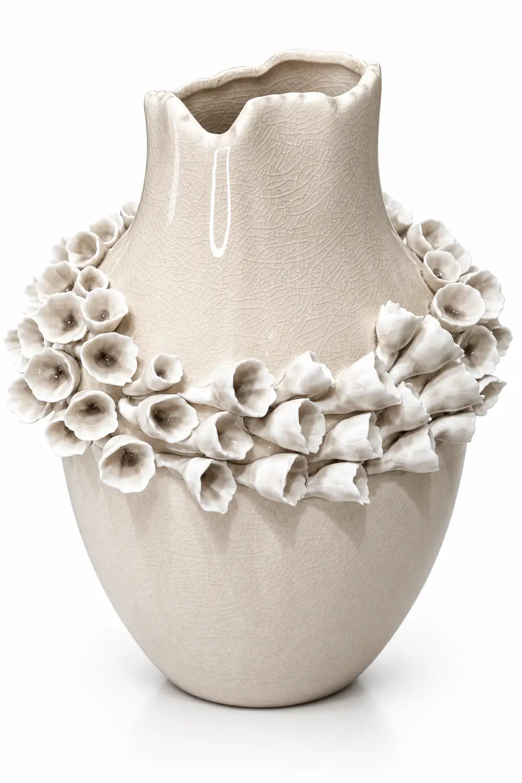 A beige ceramic vase with a textured glaze and a decorative band of sculpted flower petals around the upper half, shown on a white background.