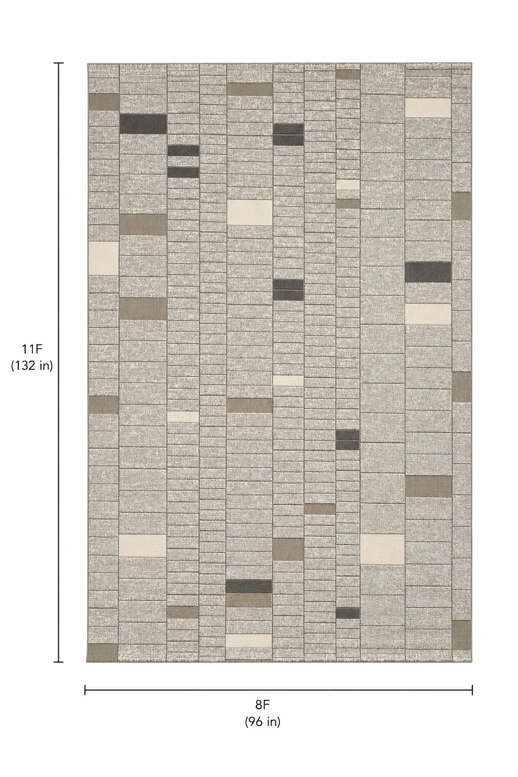 A rectangular area rug shown flat on a white background with dimension labels indicating 11 feet tall by 8 feet wide.
