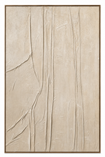 A framed abstract canvas print featuring textured vertical lines and organic folds in warm beige and cream tones, enclosed in a thin dark frame.