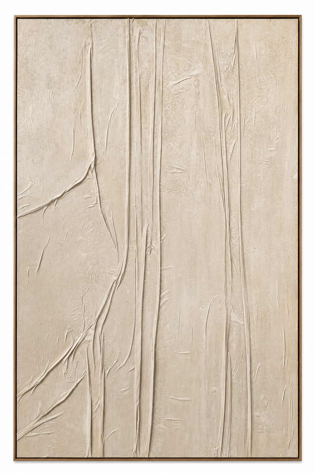 A framed abstract canvas print featuring textured vertical lines and organic folds in warm beige and cream tones, enclosed in a thin dark frame.