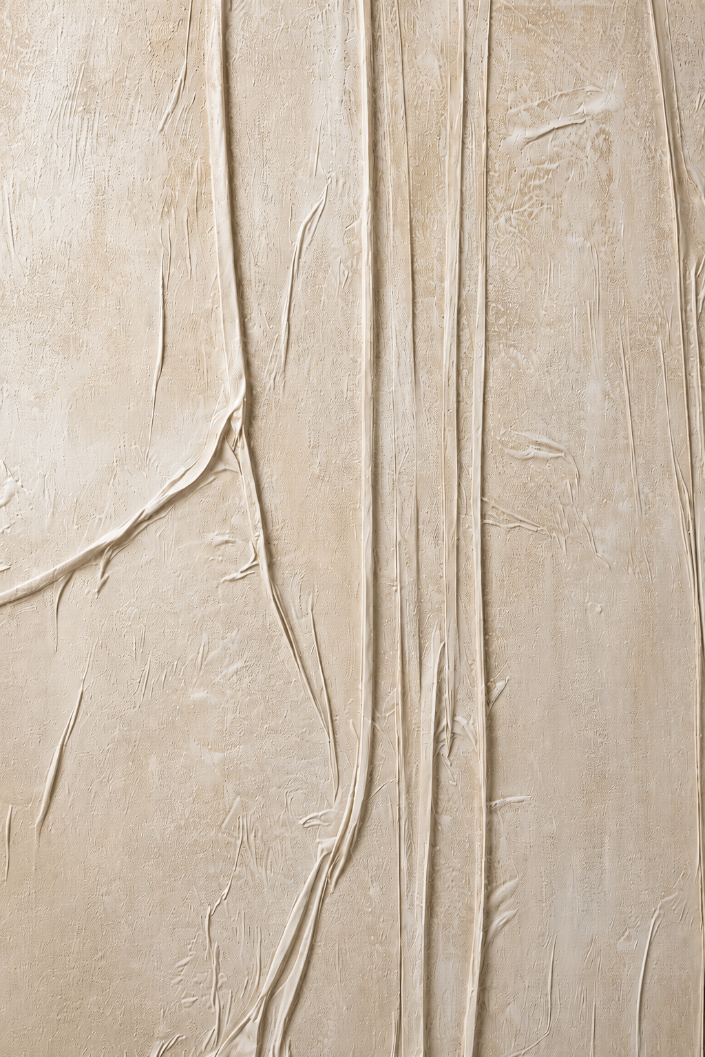 Beige textured wallpaper with a distressed, hand-painted plaster look featuring vertical ridges and organic, organic-like folds.
