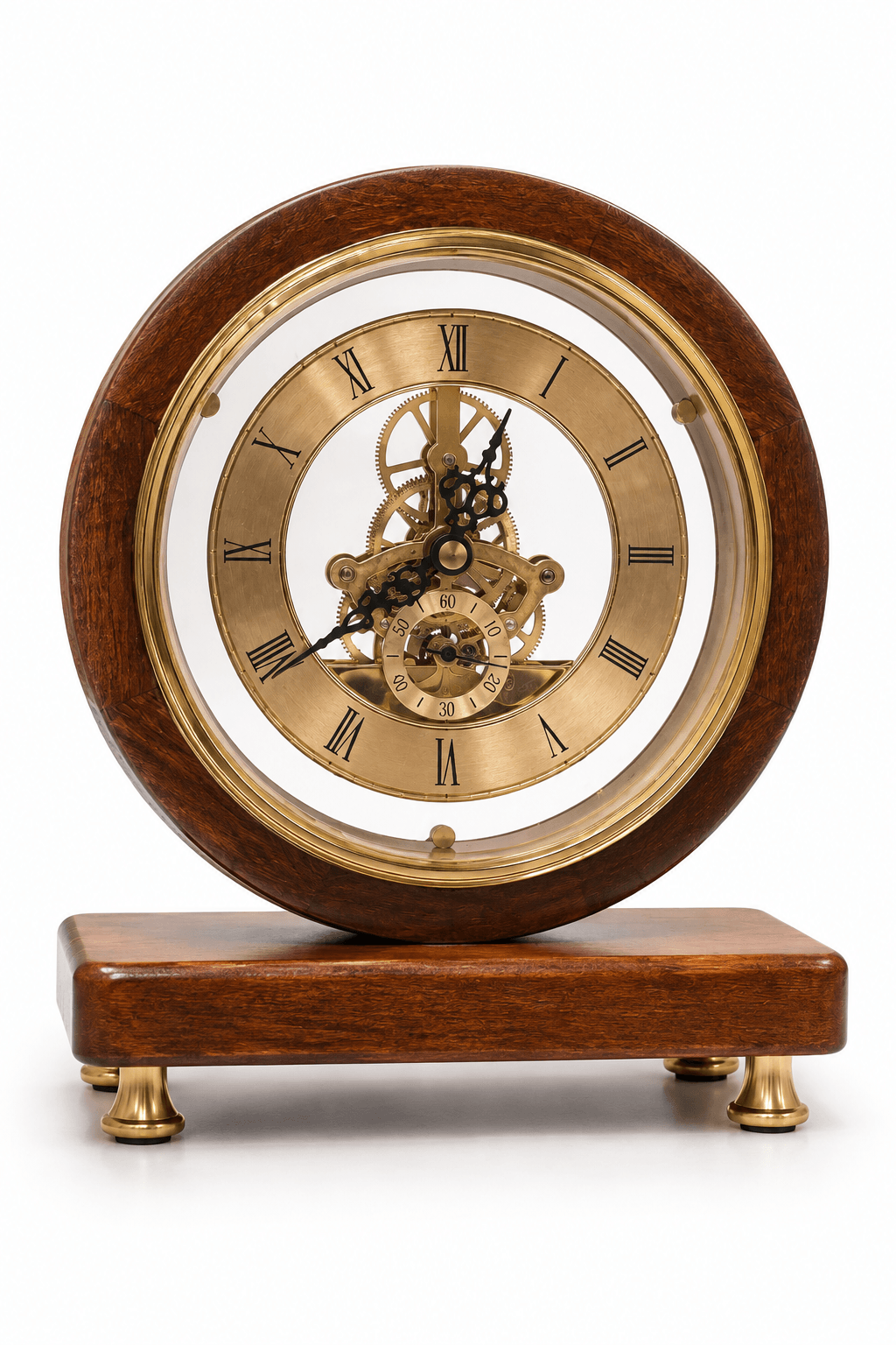 A round wooden mantel clock with a polished dark brown wood frame, brass-toned inner bezel and gears, and a gold-toned dial with Roman numerals, shown on a white background.