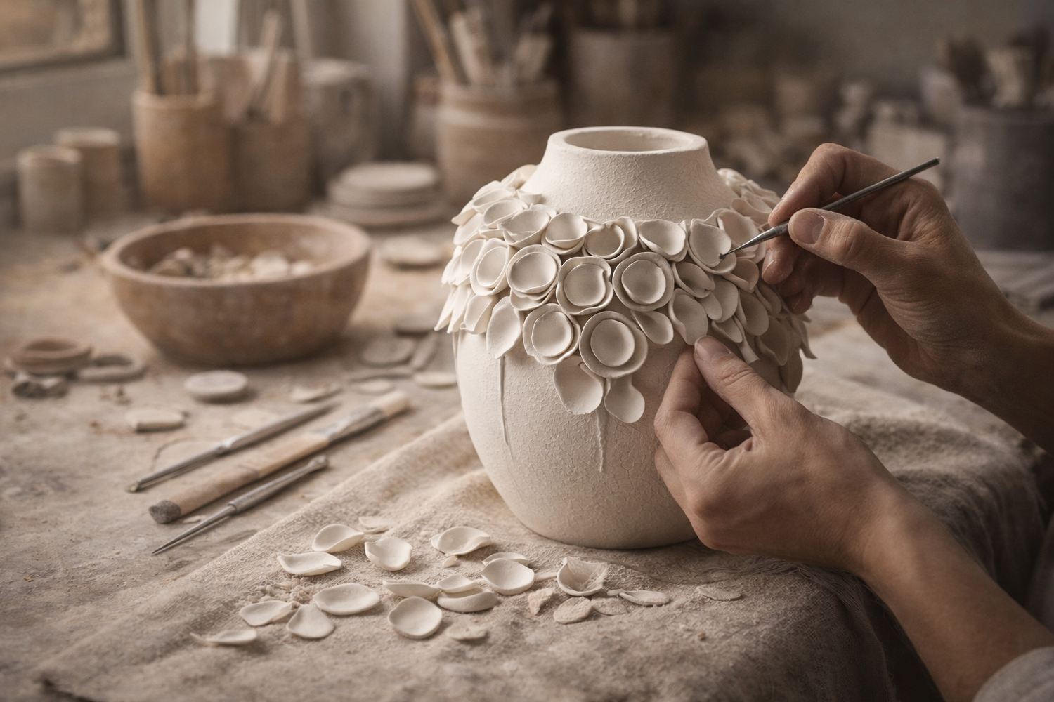 Person working on a ceramic vase with decorative elements in a workshop setting.