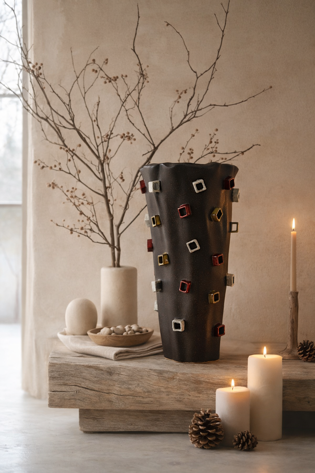 Decorative vase with geometric patterns on a wooden surface with candles and branches.