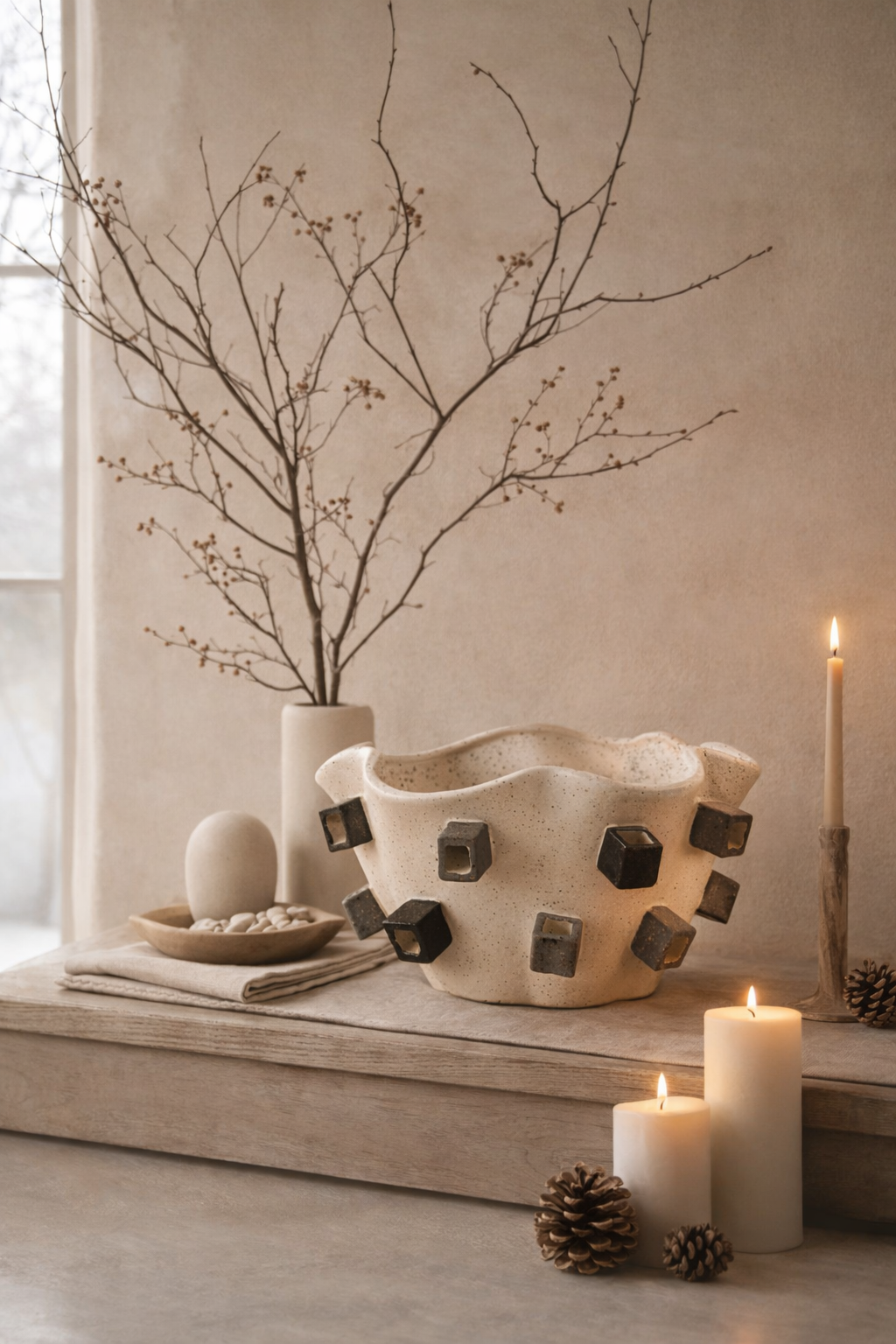 Decorative setting with a textured bowl, candles, and branches on a wooden surface.