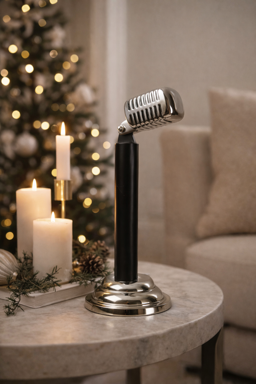 Decorative microphone lamp on a table with candles and a Christmas tree in the background