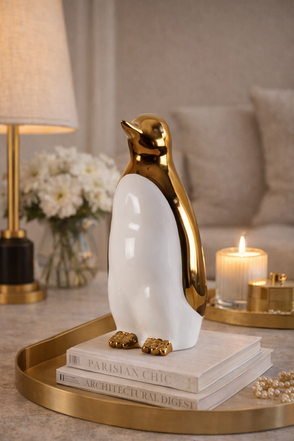 Decorative penguin figurine on books with a candle and lamp in the background