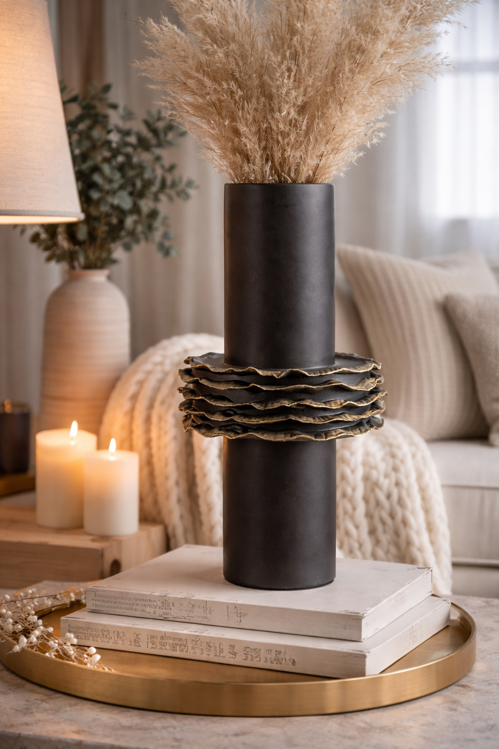 Decorative vase with dried grasses on a table with candles and books in a cozy living room.