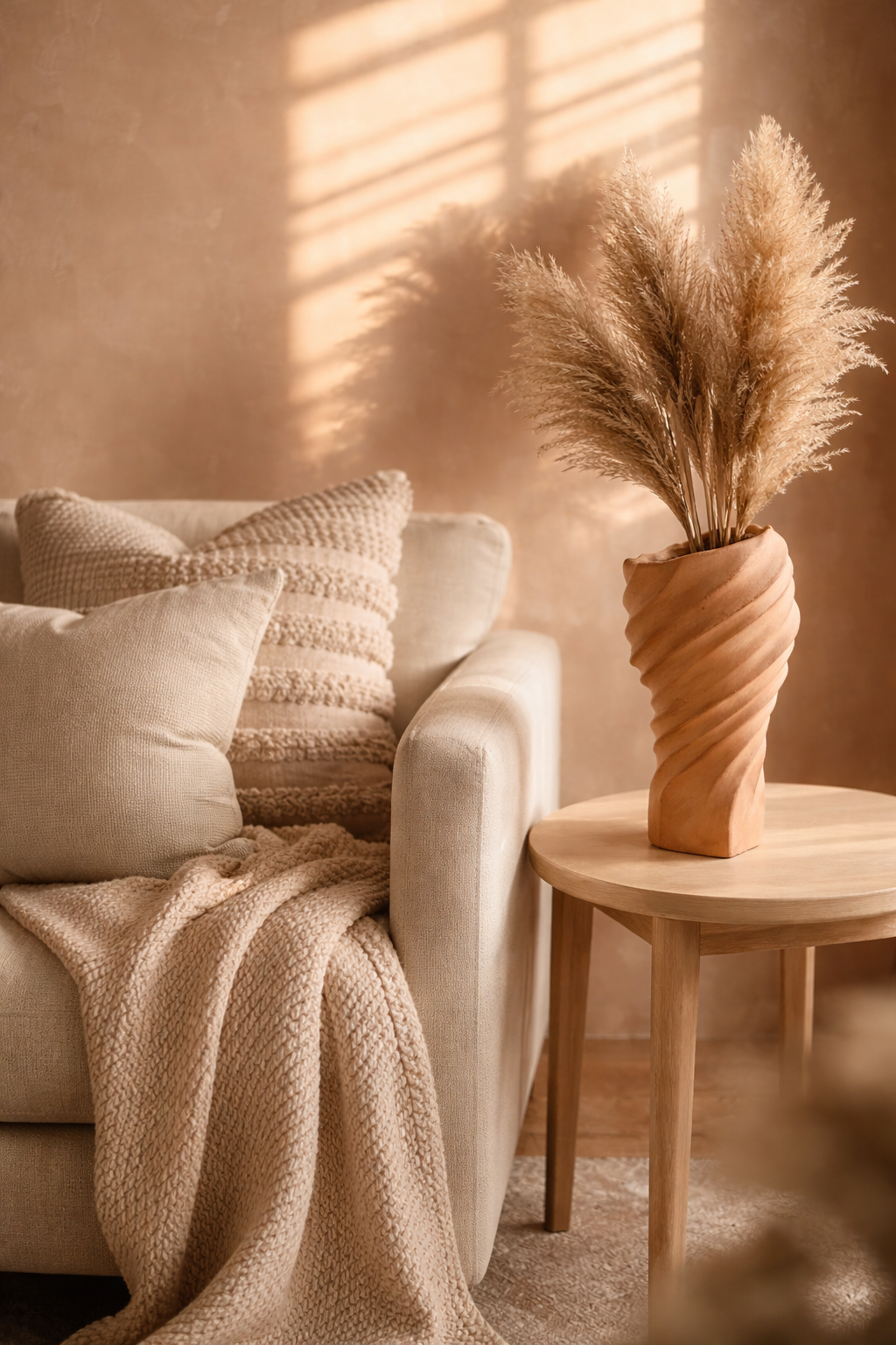 Cozy living room with a beige sofa, textured pillows, and a vase with dried plants.