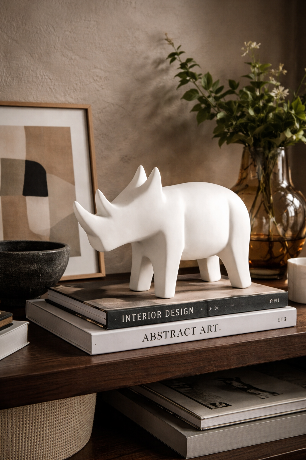White rhinoceros sculpture on books with a vase and plant in the background
