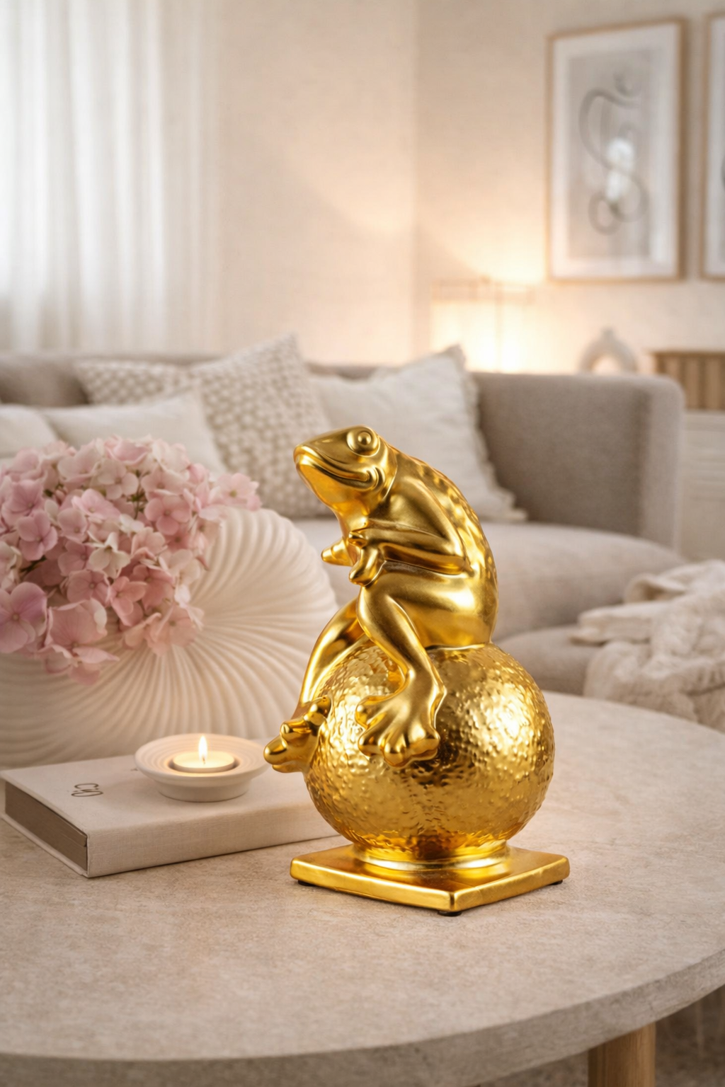 Gold frog sculpture on a round table in a living room setting