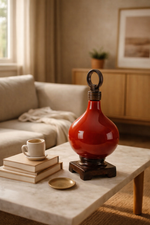 Red ceramic vase on a coffee table with books and a cup in a living room setting