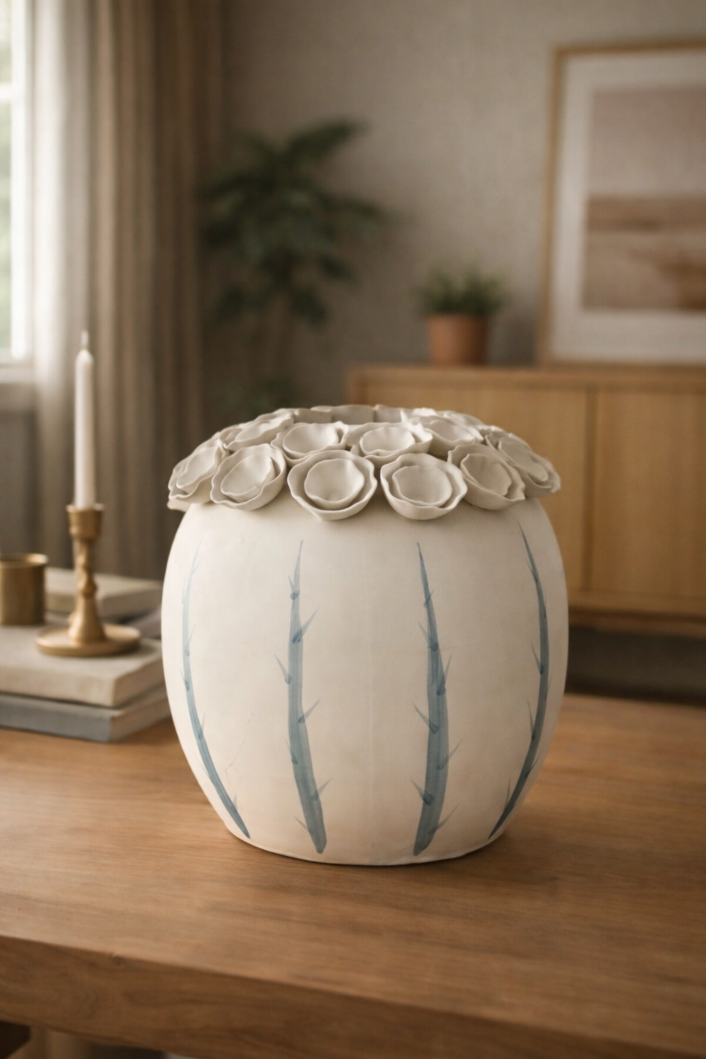Decorative vase with floral design on a wooden table in a home setting