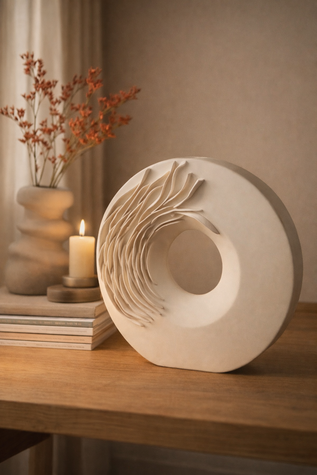 Decorative ceramic piece on a wooden surface with a candle and plant in the background