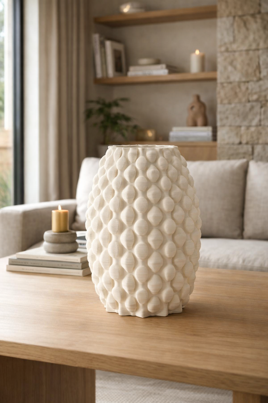 White textured vase on a wooden table in a living room setting