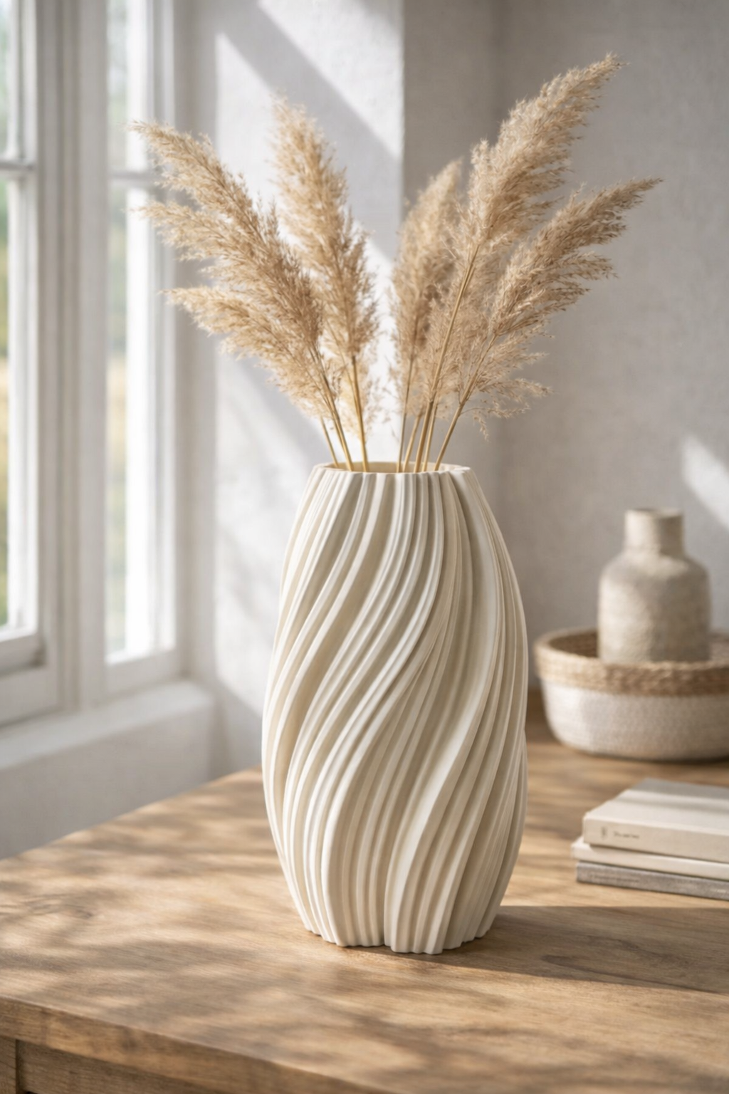 Decorative vase with wavy pattern on a wooden table, containing dried pampas grass, in a bright room.