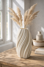 Decorative vase with wavy pattern on a wooden table, containing dried pampas grass, in a bright room.