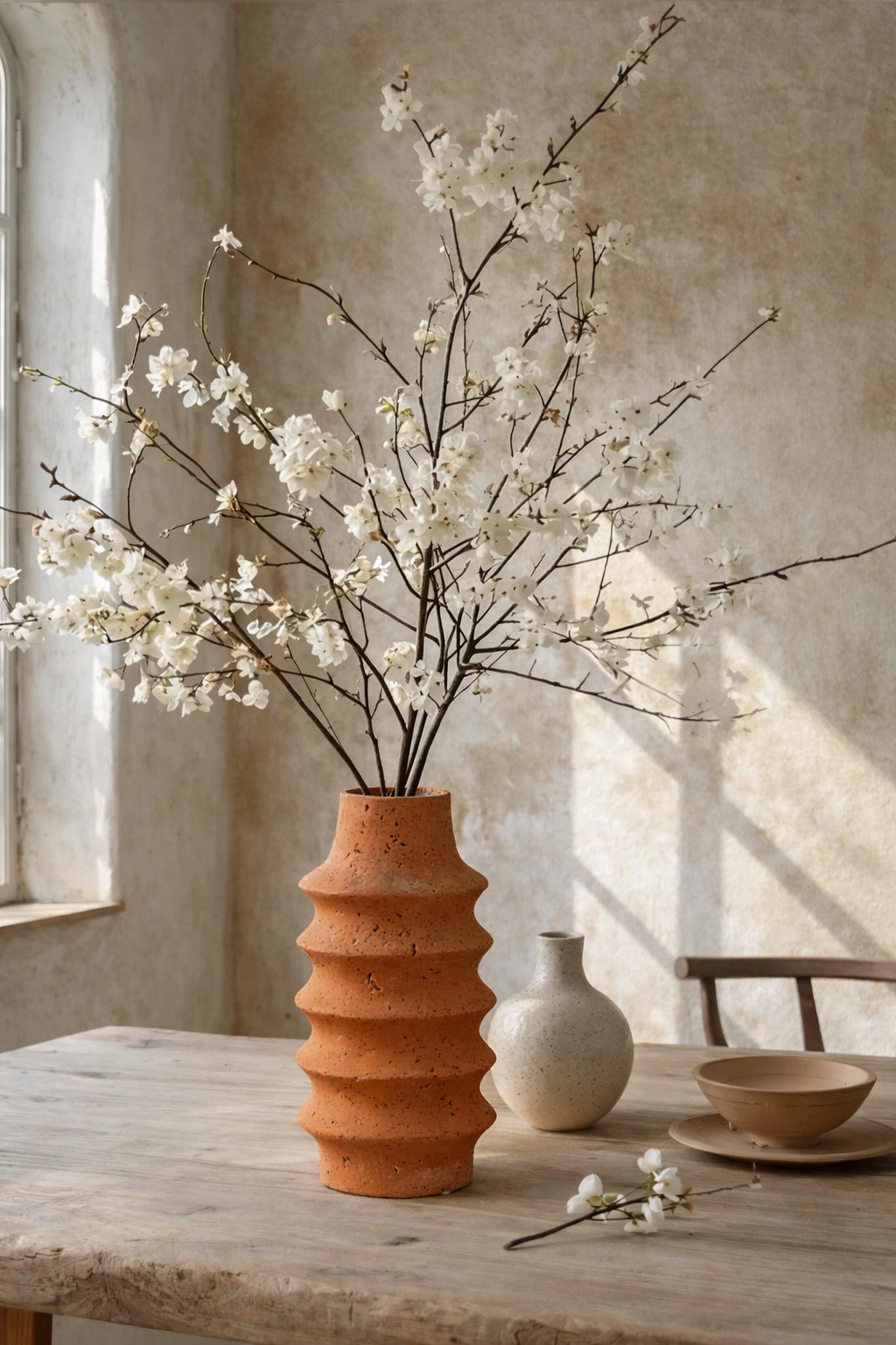 Terracotta vase with white flowers on a wooden table against a textured wall.