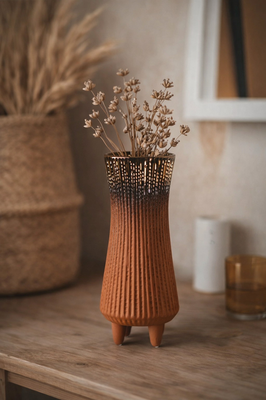 Decorative vase with dried flowers on a wooden surface