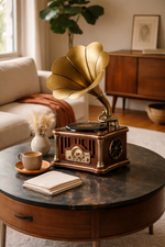 Vintage-style gramophone on a wooden table in a cozy living room.