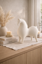 White ceramic unicorn figurine on a wooden surface with books and candles