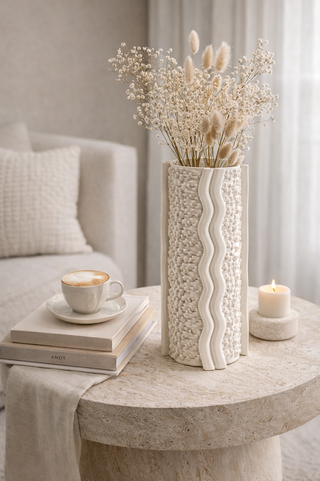 Decorative vase with dried flowers on a table next to a cup of coffee and books.