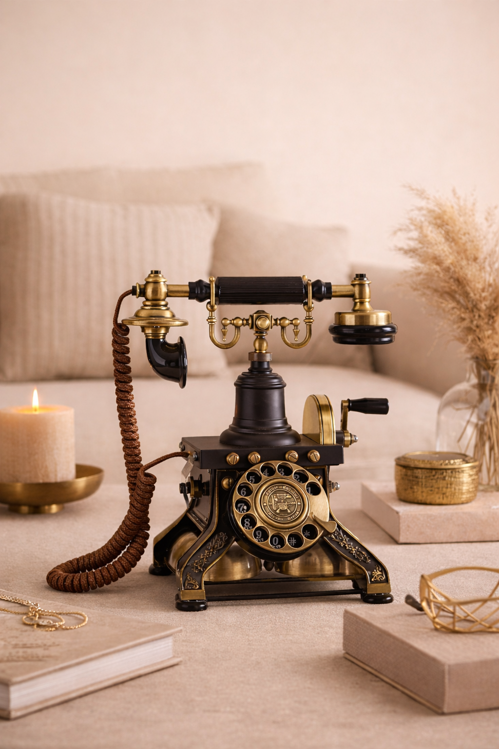 Vintage-style telephone on a table with decorative items